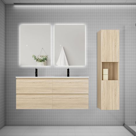 Ensemble meuble chêne et vasque L.120cm 4 tiroirs + colonne1 haut + lavabo + miroir 80x60cm2-suspendu