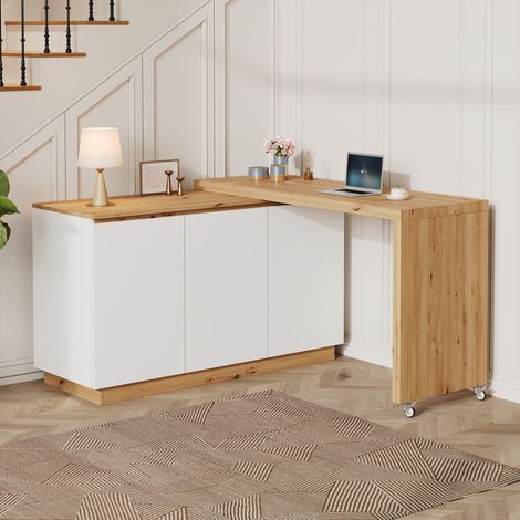 Bureau pivotant 124x45x82 cm en panneaux de particules blanc/chêne, gain de place – MEUBLIV (1/5)
