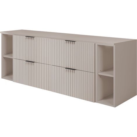 Furnidea - Meuble sous vasque FLOW CACHEMIRE 160 cm avec 2 x l'étagères - extensions et plan - 4 tiroirs - façades rainurées (1/5)
