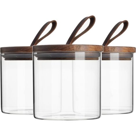 Set de 3 bocaux en verre – 550 ml – Couvercle en bois – Design scandinave – Hermétiques – Idéal pour pâtes, farine et épicerie (1/5)