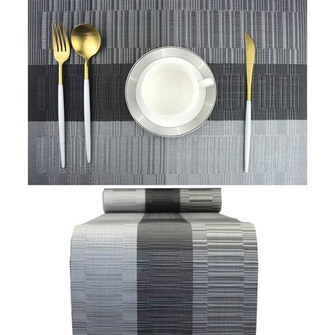 ets de Table élégants avec Chemin de Table Assorti, lavables et durables en Vinyle tissé (6 Sets de Table + 1 Chemin de Table, Noir) (1/5)