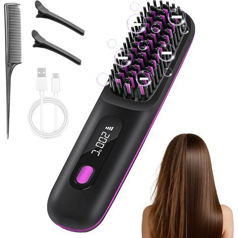 Spazzola lisciante senza fili 4 in 1, spazzola riscaldata per capelli corti, 3 impostazioni, rivestimento in ceramica antiscottatura, display LED della temperatura, per uno styling quotidiano impeccab (1/5)