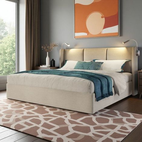 Cama Doble 160x200 cm - Tejido Lino/PU - Cama Cofre Hidráulica - Lámpara Integrada - Carga USB