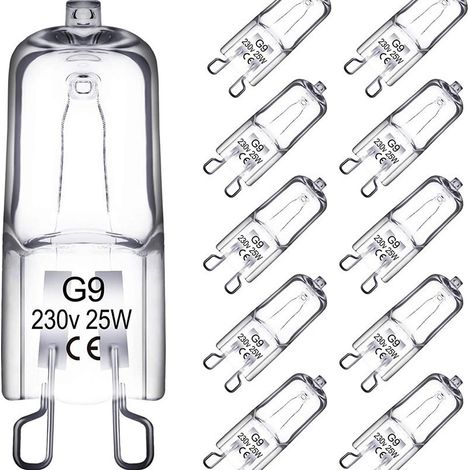 Ampoules halogènes G9, 25 watts, 230 volts, paquet de 10.