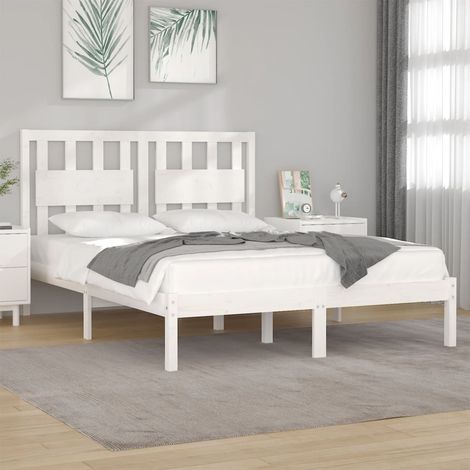 Cadre De Lit Moderne: Queen Size - Lit Double - Blanc Bois de pin massif 160x200 cm Chic-644394 (1/4)