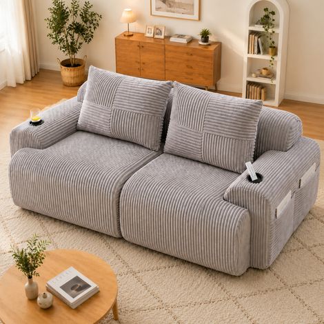 Canapé modulable en velours côtelé pour 2 personnes, combinable à volonté, livré sous vide avec porte-gobelet et poche de rangement latérale. Idéal pour le salon, la salle familiale et autres pièces.  (1/5)