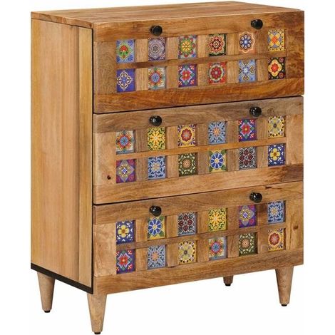 Ensemble de 2 Meubles de Rangement Buffet Bas en Bois de Manguier Massif, Naturel, 60x33x75 cm, Style Rustique pour Cuisine et Salon (1/5)