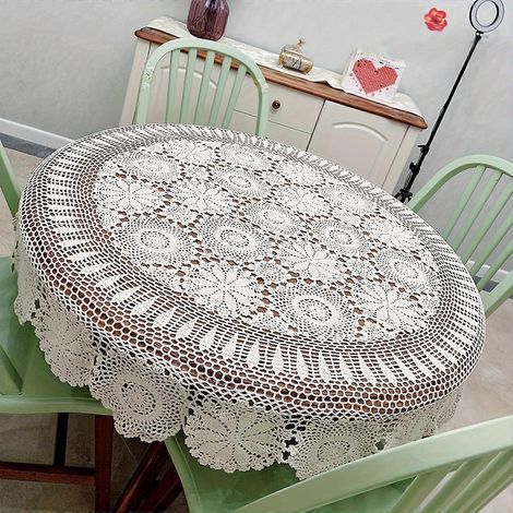 Nappe ronde blanche de 132 cm, crochetée à la main, style vintage, dentelle, à motifs floraux