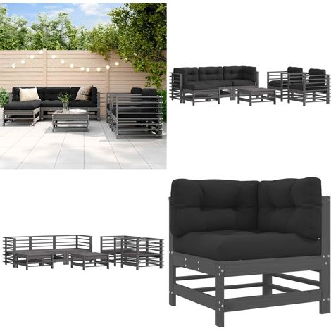 Salon de jardin 7 pcs avec coussins gris bois massif - Salon De Jardin - Mobilier De Jardin - Ensemble Salon - Meubles De Jardin - Bois Massif - Home & Living