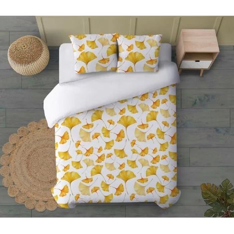 Housse de couette - JUANIO - Motif feuille - 100% coton 120 g/m² - Blanc/Jaune - Anti-acarien 240x155 cm (1/3)