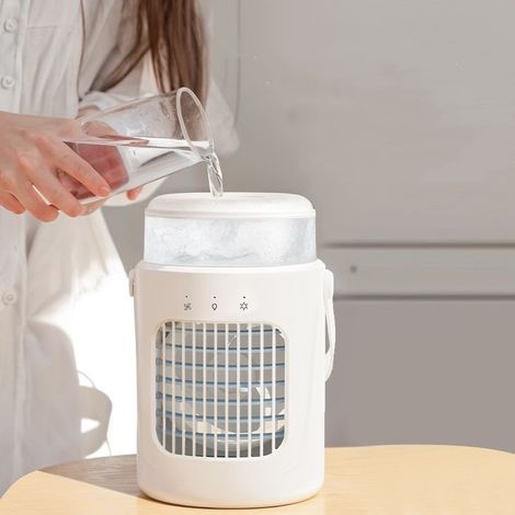 Mini ventilateur rafraîchisseur à brume froide portable, réservoir 600mL, 3 vitesses, veilleuse 7 couleurs, batterie rechargeable pour bureau chambre (1/4)