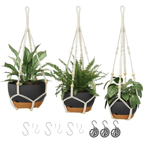 Lot de 3 Suspensions pour Plantes en Macramé avec Arrosage Automatique, Support pour Plantes d’Intérieur et Balcon 28/23/20 cm avec Chaines et Dessous de Pots, Noir (1/5)