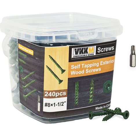 Tornillos ranurados verdes para patio, 240 unidades, n.° 8 x 1-1/2". Fijación segura de tablas, terrazas y cercas. Resistentes a la oxidación. Ideales para carpinteros y aficionados al bricolaje. (1/5)