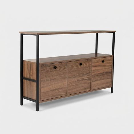 Console d'entrée avec portes et étagères en métal Solace noir - Noyer (1/5)