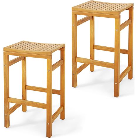COSTWAY Outdoor 76cm Height Bar Chair 2Pcs Patio Acacia Wood Bar Stool Set
