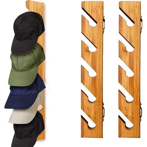 Lot de 2 supports muraux casquettes baseball bois bambou présentoir rangement porte placard chambre entrée buanderie (1/5)