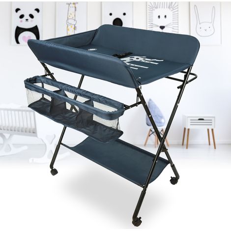 Sifree – Table à langer pliante réglable en hauteur – Panier de rangement – 4 roues avec frein – Tissu Oxford imperméable – 92-98 cm – Bleu marine