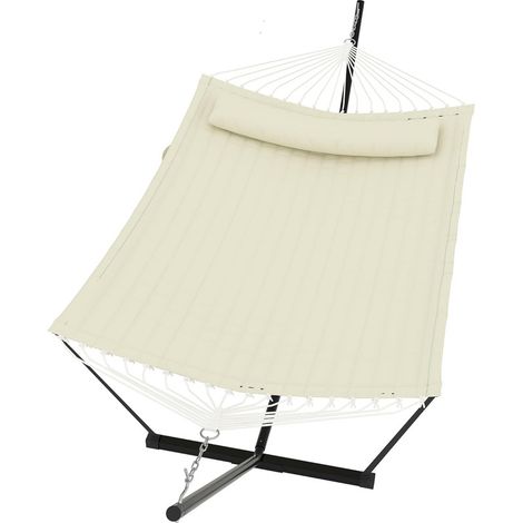 Hamac 2 Places avec Support - Hamac Double avec Oreiller et Corde d'Équilibre - Charge Max 205 kg - Jardin & Terrasse - Beige (1/5)