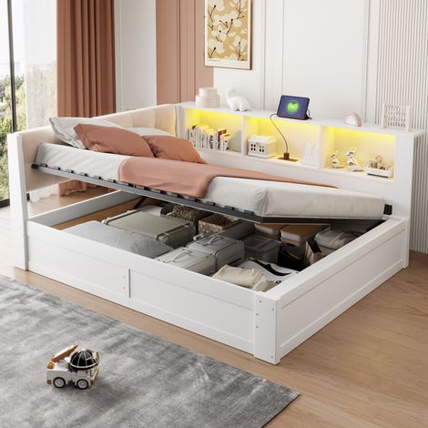 Letto divano 140x200 cm in legno bianco con contenitore salvaspazio per camera da letto FloraGrace (1/5)