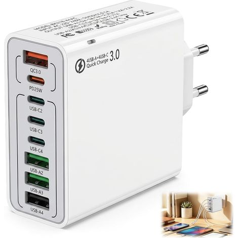 Chargeur Rapide 120W USB C 8 Ports Multiple PD QC USB A Prise USB 3C 3A pour 15, Bureau Maison Voyage avec Répartition Intelligente (1/5)