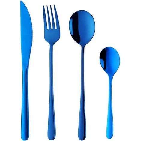 Ensemble de couverts, vaisselle en acier inoxydable, couteau de table, fourchette, cuillère, cuillère à thé (bleu, 4 pièces) (1/5)