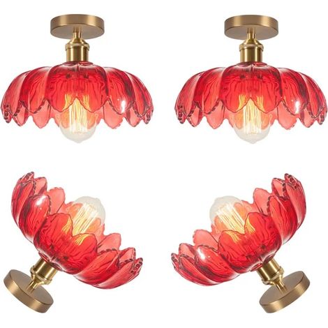 4x Plafonnier Vintage en Verre Rouge,Lampe de Plafond Moderne Abat-jour Design Fleurs Lustre Style Nordique pour Salon (1/5)