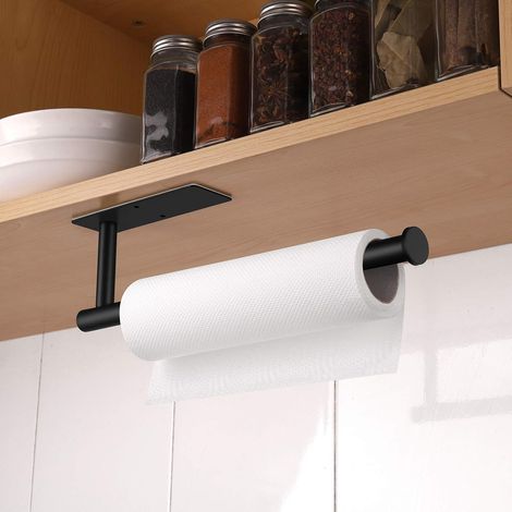 Soporte de acero inoxidable para toallas de papel - Montaje en pared y adhesivo, organizador bajo armario para baño, autocaravana, color negro. (1/5)
