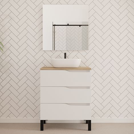 Meuble de salle de bain 60cm avec plateau miel et vasque à poser zeus - 3 tiroirs - blanc - MATA (1/5)