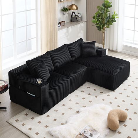 MODFU – Canapé modulable 3 places avec méridienne velours côtelé – 5 coussins, porte-gobelets et poches – Charge 600 kg, sans montage – Salon – Noir (1/5)