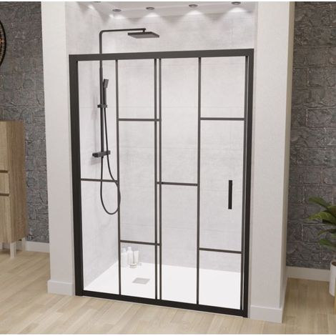 Cuisibane – Paroi de douche coulissante verrière 140 cm – Verre trempé 6 mm avec traitement anticalcaire – Aluminium noir mat – Système Stop Water (1/3)