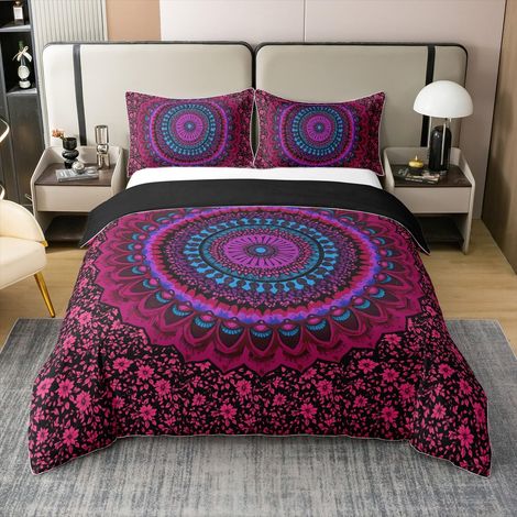 Coton Mandarin Fleur Parure de Lit 240 x 260,Bohème Vintage Spirale Tribal Literie Set,Ethnique Exotique Coloré Bohème Housse de Couette,Esthétique Hippie Cyan Rouge Foncé Couvre Lit (1/5)