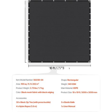 Tela de sombra, protección UV, material HDPE duradero, 185 g/m², 3x3 m, color negro. (1/2)