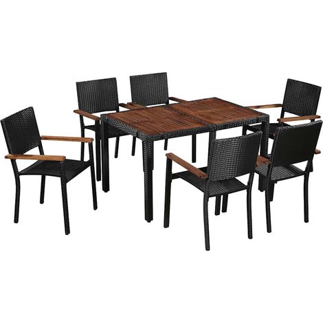 Ensemble repas extérieur 7 pièces, table et 6 chaises, résine tressée, acacia, marron noir - PANGIVO (1/5)