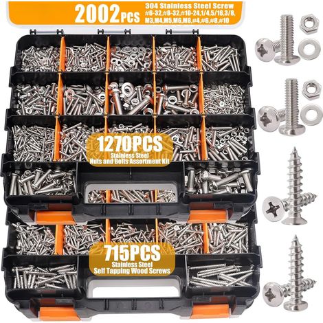 Kit d'assortiment de matériel 2002PCS,Kit d'assortiment de vis métrique et SAE en acier inoxydable 304, 1/4,5/16,3/8, M3, M4, M5, M6, M8, rondelles de boulons d'écrous,boîte d'organisateur double côté