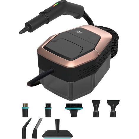 Limpiadora a vapor de 1500 W, portátil, calentamiento en 15 segundos, depósito de 1,8 L, accesorios para suelos, baños, cocinas y ventanas. (1/5)