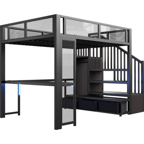 Kinder-Hochbett 140 x 200 cm aus schwarzem Metall mit Schreibtisch, Treppe, Stauraum, LED und USB (1/5)