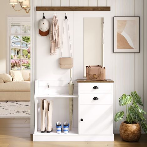 Ensemble d'entrée comprenant un miroir, des patères, des tiroirs et un porte-parapluies. (1/5)