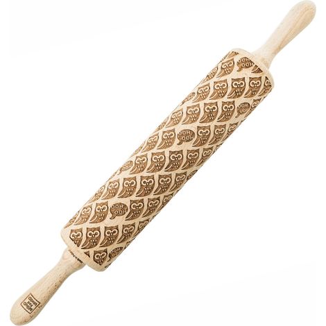 Mattarello in legno MoodForWood, inciso, 43 cm con manici, perfetto per la cottura al forno - Motivo gufo (1/5)