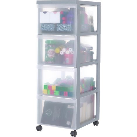 Tour de rangement à Roulettes en Plastique, 4 Grands Tiroirs, Gris, Ouverture Facile, Meuble de Rangement, Papeterie, pour Chambre, Salle de Bain, École (1/5)