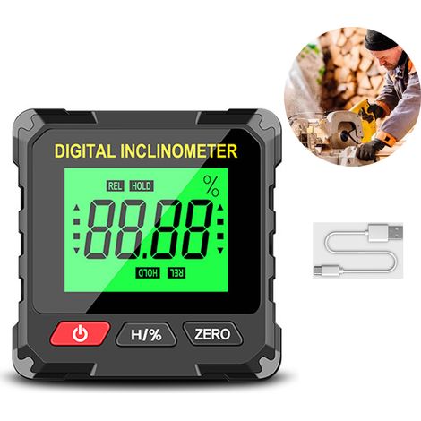 Rechargeable digital inclinometer with a powerful four-sided magnetic protractor, ideal for construction and topographic surveying.