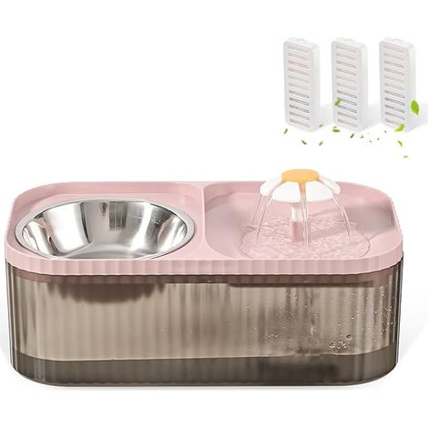 Fontaine à eau et gamelle pour chat, distributeur d'eau ultra silencieux de 3 L/101 oz pour animaux de compagnie, fontaine à fleurs automatique et gamelle en acier inoxydable (noir et rose)