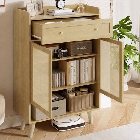 Mueble de almacenamiento de 80x105x35 cm con 2 puertas, 1 cajón, estantes ajustables, apertura por presión, roble claro (1/5)