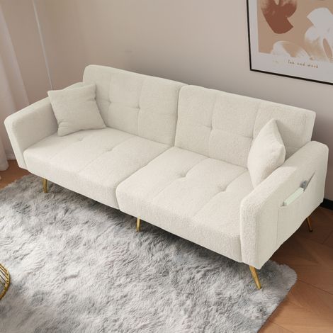 Sofá de 2 plazas con función cama, ángulo ajustable, patas doradas, con cojines y bolsillos laterales de almacenamiento, 175x64x72 cm, blanco (1/5)