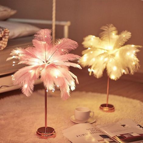 Lampe de chevet LED, forme pissenlit, fil de cuivre, plume rose romantique (1/5)
