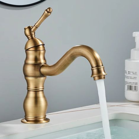 Robinet d'évier de lavabo en laiton Antique, monté sur le pont, un trou, eau froide et chaude, mitigeur froid et chaud, robinet de salle de bains-Court et ancien