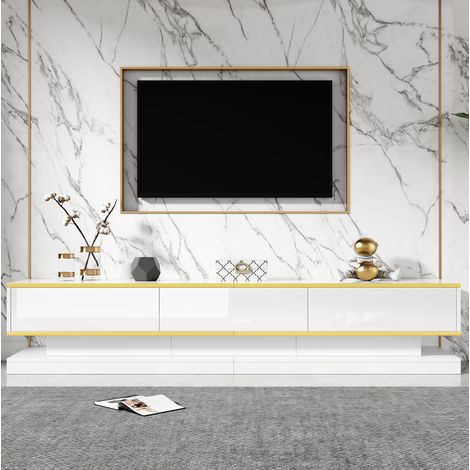 TV-Lowboard 200x40x40 cm warmweiß aus Spanplatte mit Hochglanzfront, 3 Schubladen und offenen Fächern (1/5)