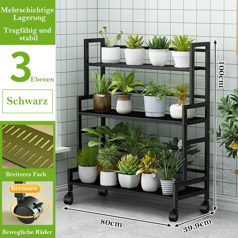 3-Etagen Halter pflanzenregal blumenregal mit Rädern, pflanzentreppe outdoor Mobile Blumenständer mit Metall Platten Balkon Innenhof Hof