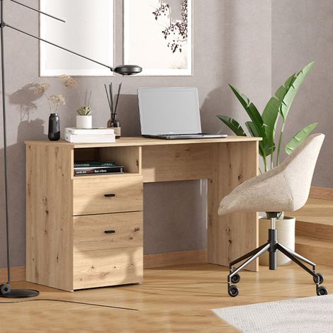 Escritorio Frutal, 2 Cajones, 2 Estantes, un Compartimento, 127x51x77h cm Marrón Roble Nudos (1/5)