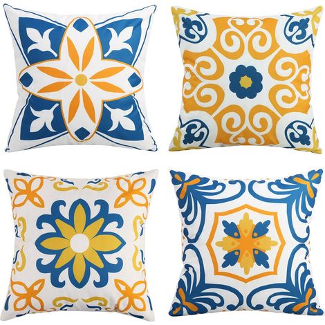 Housse de coussin extérieure imperméable style bohème géométrique 45x45 cm, lot de 4 taies imprimées fleurs pour canapé, balcon, jardin, décoration terrasse (1/5)