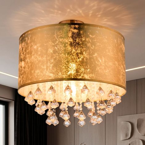 Kristall Deckenleuchte gold Esszimmer Deckenlampe Wohnzimmerleuchte, Textil Blattgold Design, 1x E27 LED warmweiß, Durchmesser x Höhe 30 x 31 cm (1/5)